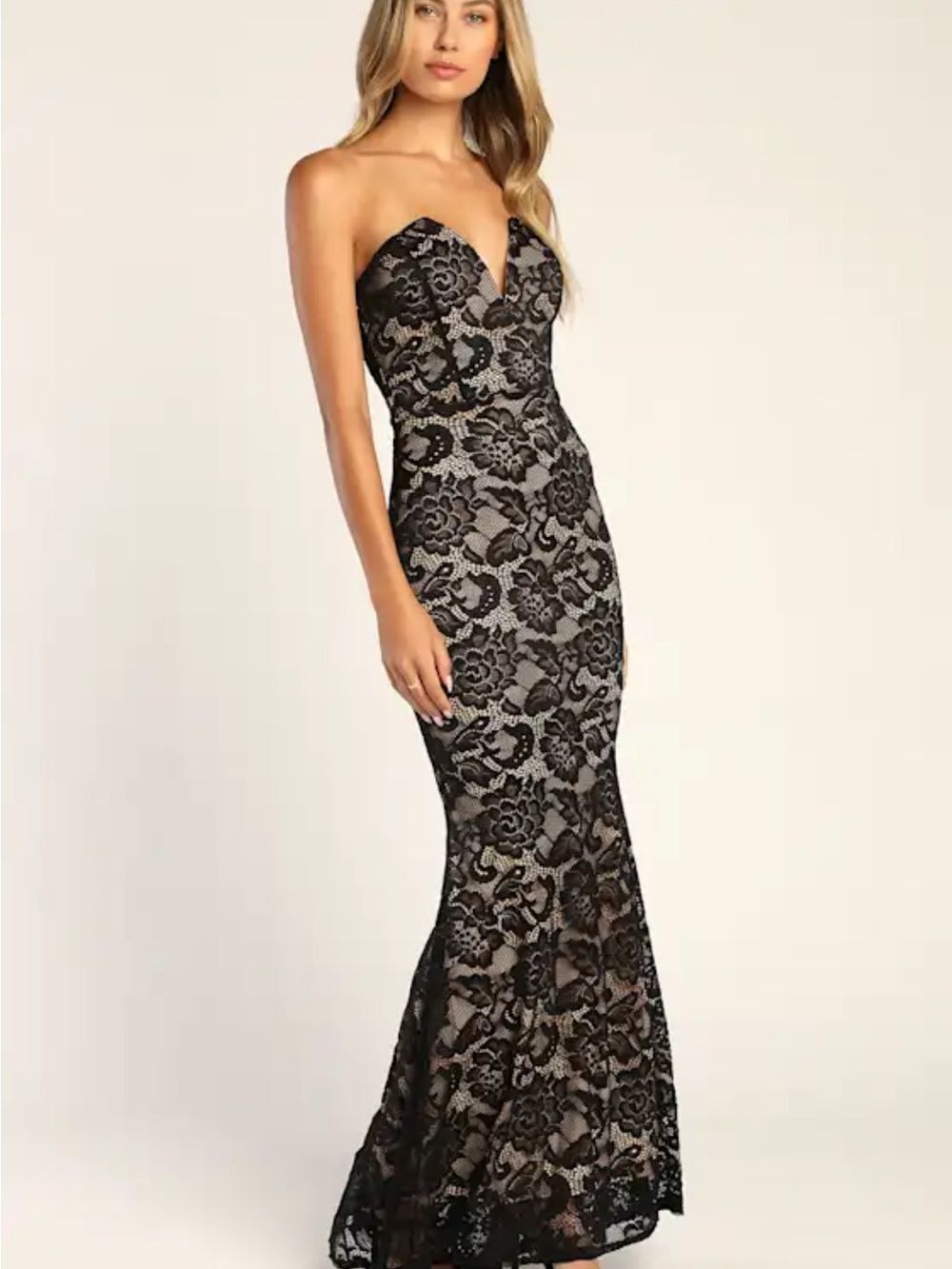 Lulus Sexy Sophistication Black Lace Strapless Trumpet Maxi Dress NWT Size S